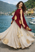 Burgundy Cape & Pearl Tassel Skirt Set