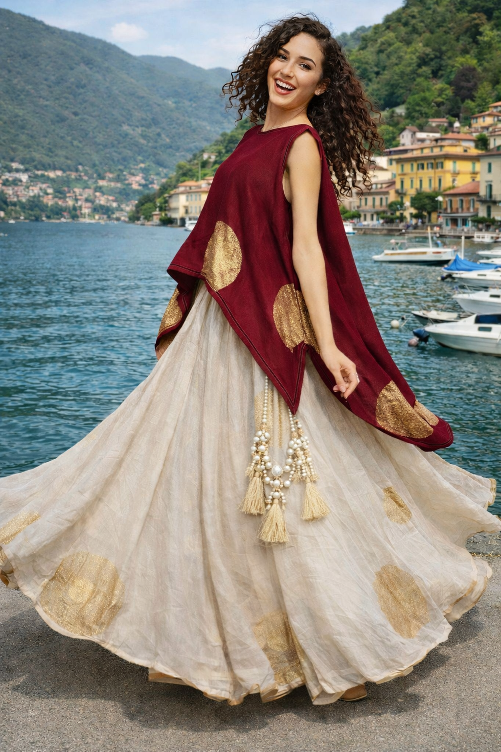 Burgundy Cape & Pearl Tassel Skirt Set