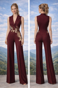 Burgundy Embroidered Tailored Jumpsuit