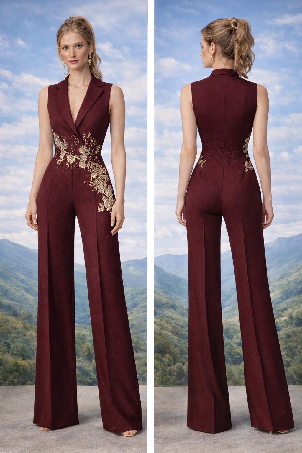 Burgundy Embroidered Tailored Jumpsuit